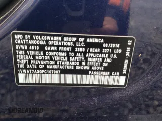 2015 Volkswagen Passat S with VIN 1VWAT7A30FC107907, listed as a Copart auction lot 53165615 with 196,059 mi miles and Clean title. Bid and sale history available at DreamBid. Image 12.