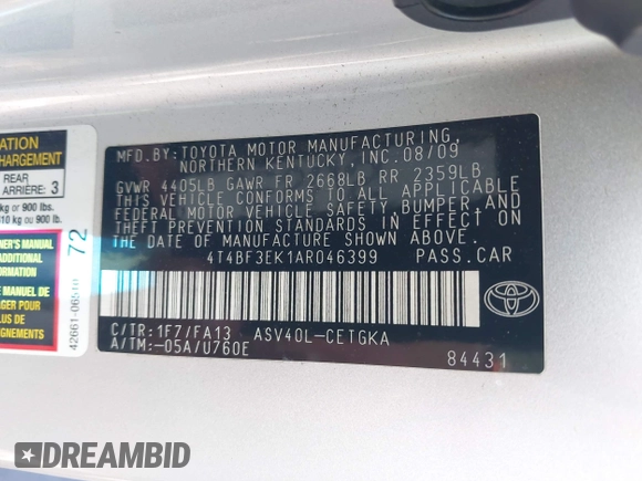 2010 Toyota Camry with VIN 4T4BF3EK1AR046399, listed as a IAAI auction lot 41969827 with 169,780 mi miles and . Bid and sale history available at DreamBid. Image 9.