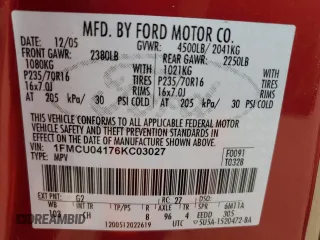2006 Ford Escape Limited с VIN 1FMCU04176KC03027, выставлен на аукционе Copart как лот 86583994 с пробегом 113 579 миль миль и Списание • Salvage title. История ставок и продаж доступна на DreamBid. Изображение 14.