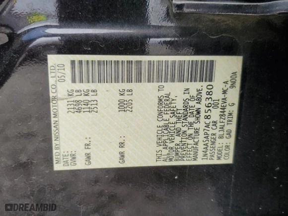 2010 Nissan Maxima 3.5 SV w/Premium Pkg with VIN 1N4AA5AP7AC856380, listed as a Copart auction lot 48403845 with 267,631 mi miles and Salvage Title. Bid and sale history available at carsss.com. Image 14.