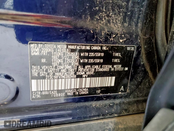 2021 Toyota RAV4 XLE Premium with VIN 2T3C1RFV7MC092468, listed as a Copart auction lot 59109315 with 98,552 mi miles and Salvage title. Bid and sale history available at DreamBid. Image 13.