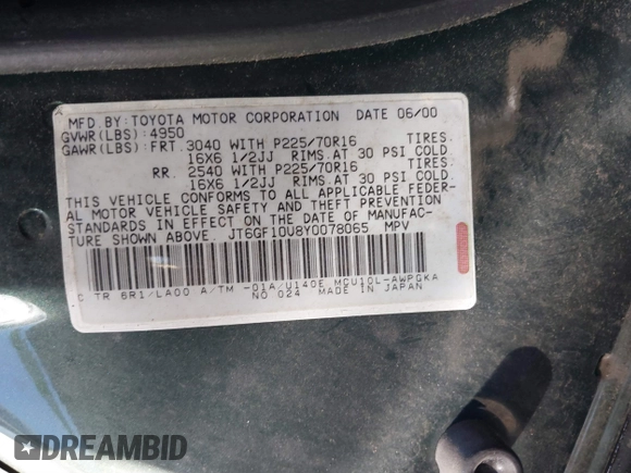 2000 Lexus RX 300 with VIN JT6GF10U8Y0078065, listed as a IAAI auction lot 41270083 with 101,593 mi miles and . Bid and sale history available at DreamBid. Image 9.