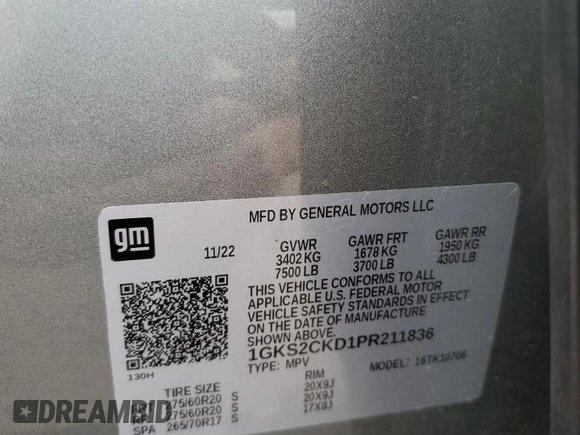 2023 GMC Yukon AT4 with VIN 1GKS2CKD1PR211836, listed as a Copart auction lot 44247245 with 21,756 mi miles and Salvage Title. Bid and sale history available at carsss.com. Image 15.