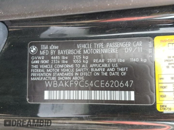 2012 BMW 3 Series 335i xDrive with VIN WBAKF9C54CE620647, listed as a Copart auction lot 78298784 with 102,463 mi miles and Clean Title. Bid and sale history available at carsss.com. Image 12.
