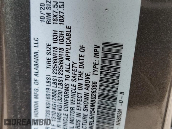 2021 Honda Odyssey EX with VIN 5FNRL6H54MB026366, listed as a Copart auction lot 49229375 with 81,248 mi miles and Salvage Title. Bid and sale history available at DreamBid. Image 14.