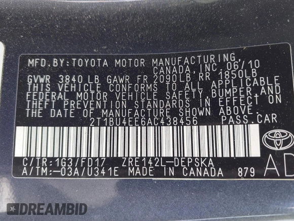 2010 Toyota Corolla with VIN 2T1BU4EE6AC438456, listed as a IAAI auction lot 42620454 with 78,800 mi miles and . Bid and sale history available at DreamBid. Image 9.