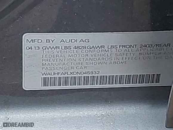 2013 Audi A4 Premium Plus with VIN WAUHFAFLXDN045932, listed as a IAAI auction lot 41786878 with 117,551 mi miles. Bid and sale history available at carsss.com. Image 9.