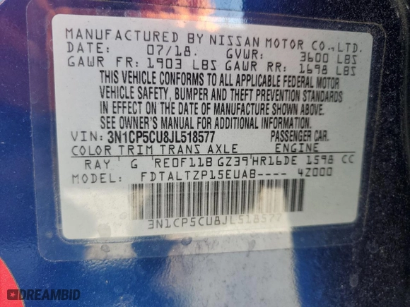 2018 Nissan Kicks SV with VIN 3N1CP5CU8JL518577, listed as a Copart auction lot 53845585 with 71,025 mi miles and Salvage Title. Bid and sale history available at carsss.com. Image 13.