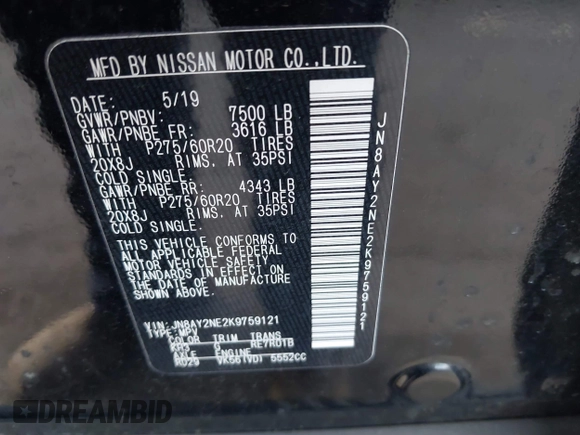 2019 Nissan Armada Platinum with VIN JN8AY2NE2K9759121, listed as a IAAI auction lot 41115008 with 89,991 mi miles. Bid and sale history available at carsss.com. Image 9.
