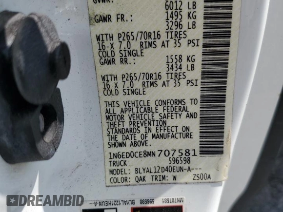 2021 Nissan Frontier S with VIN 1N6ED0CE8MN707581, listed as a Copart auction lot 51457235 with 55,760 mi miles and Non repairable. Bid and sale history available at DreamBid. Image 12.