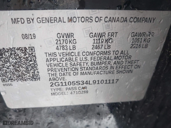 2020 Chevrolet Impala Premier with VIN 2G1105S34L9101117, listed as a IAAI auction lot 41578364 with 111,222 mi miles. Bid and sale history available at carsss.com. Image 9.