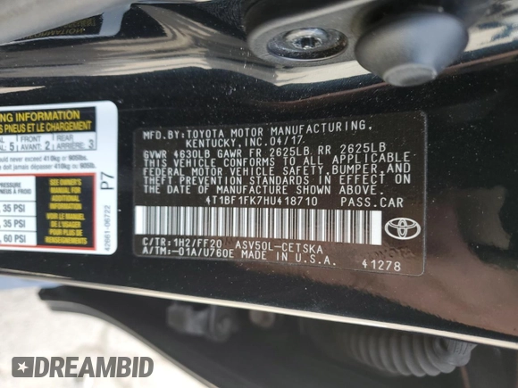 2017 Toyota Camry XLE с VIN 4T1BF1FK7HU418710, выставлен на аукционе Copart как лот 55118895 с пробегом 144 768 миль миль и Списание • Salvage title. История ставок и продаж доступна на DreamBid. Изображение 12.