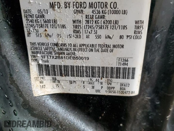 2013 Ford F-250 XL with VIN 1FT7X2B61DEB50019, listed as a Copart auction lot 81908964 with Not Provided miles and Salvage Title. Bid and sale history available at DreamBid. Image 12.