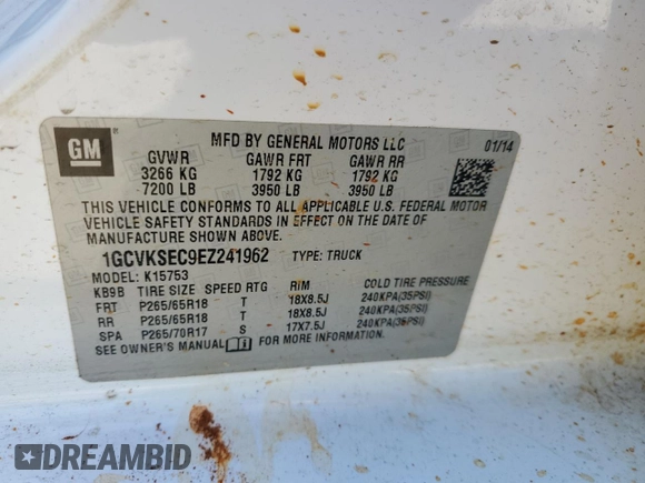2014 Chevrolet Silverado 1500 LTZ with VIN 1GCVKSEC9EZ241962, listed as a Copart auction lot 87309474 with 169,340 mi miles and Salvage Title. Bid and sale history available at DreamBid. Image 14.