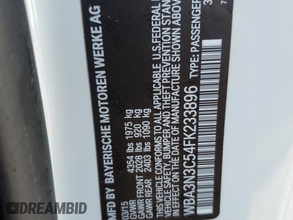 2015 BMW 4 Series 428i with VIN WBA3N3C54FK233896, listed as a Copart auction lot 49317635 with 57,250 mi miles and Salvage Title. Bid and sale history available at DreamBid. Image 13.