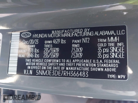2024 Hyundai Tucson Limited with VIN 5NMJE3DE7RH366483, listed as a IAAI auction lot 41541545 with 4,380 mi miles and . Bid and sale history available at DreamBid. Image 9.