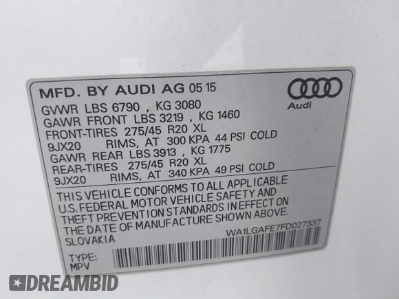 2015 Audi Q7 Premium Plus с VIN WA1LGAFE7FD027337, выставлен на аукционе IAAI как лот 42182400 с пробегом 82 269 миль миль и . История ставок и продаж доступна на DreamBid. Изображение 9.