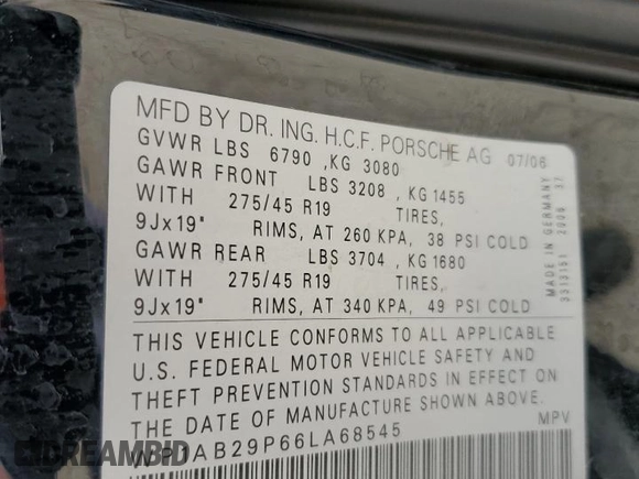 2006 Porsche Cayenne S with VIN WP1AB29P66LA68545, listed as a Copart auction lot 59036285 with 151,025 mi miles and Salvage title. Bid and sale history available at DreamBid. Image 12.