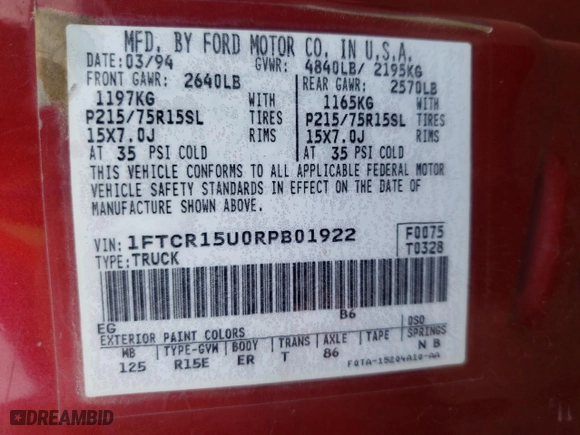 1994 Ford Ranger XL with VIN 1FTCR15U0RPB01922, listed as a Copart auction lot 63630334 with 226,066 mi miles and Salvage Title. Bid and sale history available at carsss.com. Image 12.