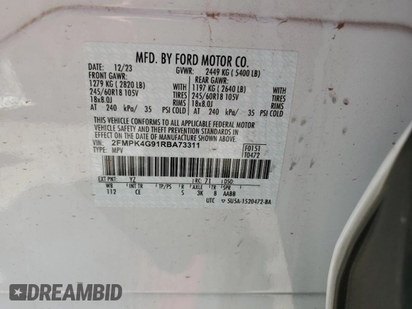 2024 Ford Edge SE z VIN 2FMPK4G91RBA73311, wystawiony jako Copart lot #61488265 z przebiegiem 11 994 mil mil oraz Szkoda całkowita • Salvage title. Historia ofert i sprzedaży dostępna na DreamBid. Obrazek 13.