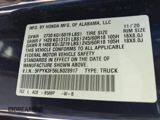 2020 Honda Ridgeline RTL with VIN 5FPYK3F56LB028917, listed as a IAAI auction lot 42280770 with 17,598 mi miles and . Bid and sale history available at DreamBid. Image 9.