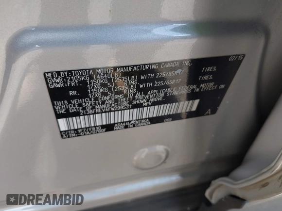 2015 Toyota RAV4 LE with VIN 2T3BFREV4FW299531, listed as a IAAI auction lot 41914476 with 105,689 mi miles. Bid and sale history available at carsss.com. Image 9.