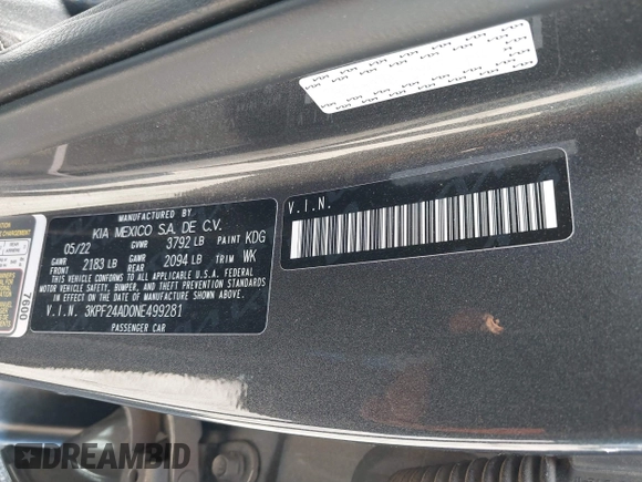 2022 Kia Forte LXS with VIN 3KPF24AD0NE499281, listed as a IAAI auction lot 41905913 with 69,999 mi miles. Bid and sale history available at carsss.com. Image 9.