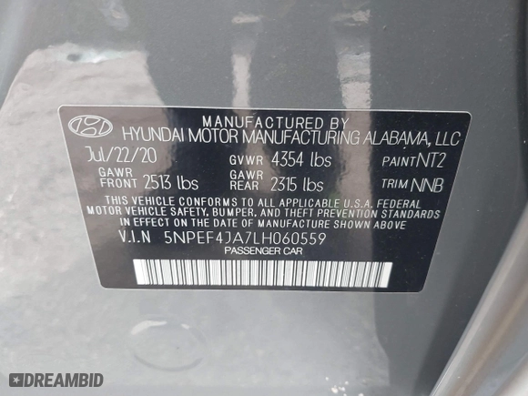 2020 Hyundai Sonata SEL with VIN 5NPEF4JA7LH060559, listed as a IAAI auction lot 41673158 with 56,954 mi miles. Bid and sale history available at carsss.com. Image 9.