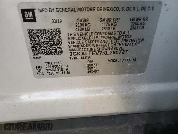 2019 GMC Terrain SLE with VIN 3GKALTEV7KL285727, listed as a Copart auction lot 52778375 with 40,533 mi miles and Salvage Title. Bid and sale history available at DreamBid. Image 14.