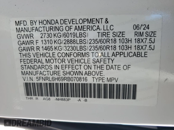 2024 Honda Odyssey EX-L with VIN 5FNRL6H69RB070816, listed as a Copart auction lot 45278975 with 4,491 mi miles and Salvage Title. Bid and sale history available at DreamBid. Image 13.
