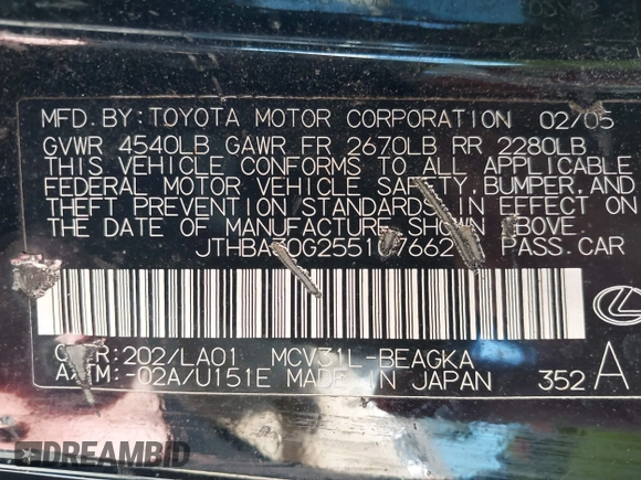 2005 Lexus ES 330 with VIN JTHBA30G255107662, listed as a IAAI auction lot 42128086 with 162,245 mi miles. Bid and sale history available at carsss.com. Image 9.