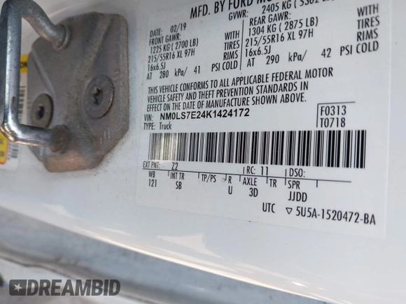 2019 Ford Transit Connect XL with VIN NM0LS7E24K1424172, listed as a IAAI auction lot 42485372 with 159,040 mi miles and . Bid and sale history available at DreamBid. Image 9.