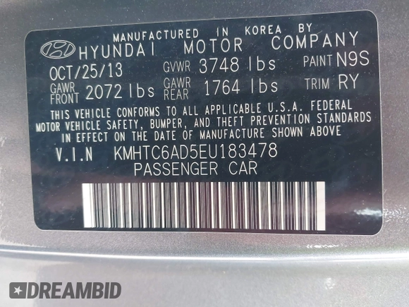 2014 Hyundai Veloster with VIN KMHTC6AD5EU183478, listed as a IAAI auction lot 42107170 with 64,905 mi miles. Bid and sale history available at carsss.com. Image 9.