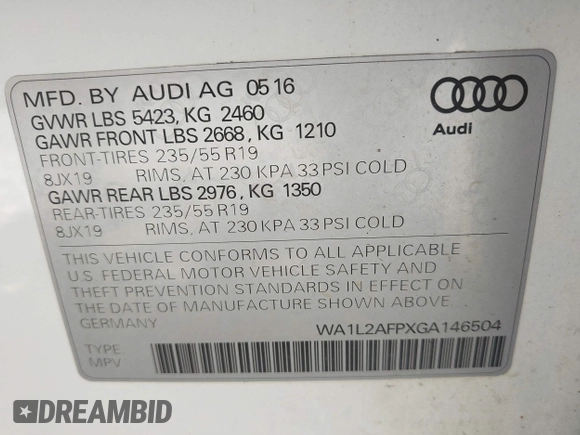 2016 Audi Q5 Premium Plus z VIN WA1L2AFPXGA146504, wystawiony jako IAAI lot #42548135 z przebiegiem 167 941 mil mil oraz . Historia ofert i sprzedaży dostępna na DreamBid. Obrazek 9.