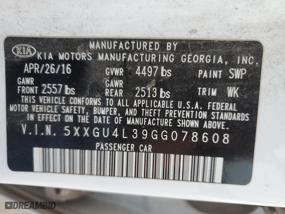 2016 Kia Optima EX with VIN 5XXGU4L39GG078608, listed as a Copart auction lot 43227855 with 178,032 mi miles and Salvage Title. Bid and sale history available at carsss.com. Image 12.