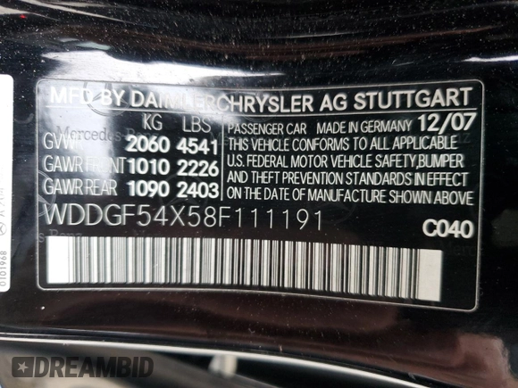 2008 Mercedes-Benz C 300 Sport with VIN WDDGF54X58F111191, listed as a Copart auction lot 58345335 with 181,634 mi miles and Salvage title. Bid and sale history available at DreamBid. Image 12.
