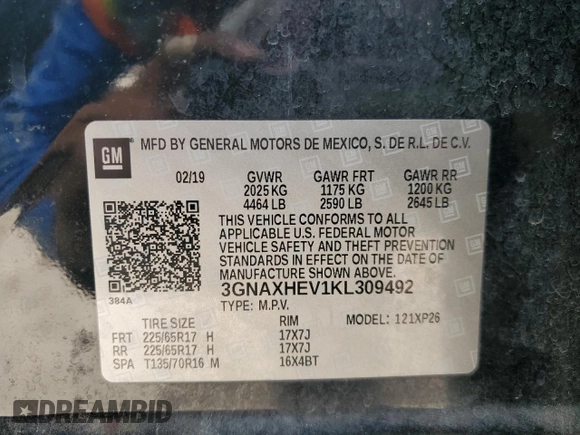 2019 Chevrolet Equinox LS with VIN 3GNAXHEV1KL309492, listed as a Copart auction lot 56283365 with 131,756 mi miles and Salvage Title. Bid and sale history available at DreamBid. Image 14.