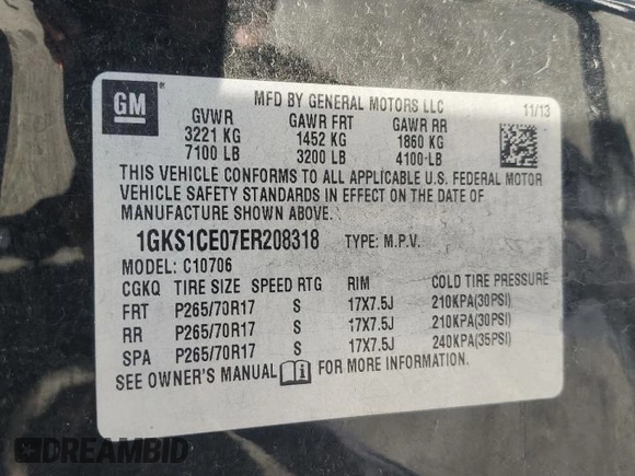 2014 GMC Yukon SLT with VIN 1GKS1CE07ER208318, listed as a Copart auction lot 46097405 with 98,882 mi miles and Salvage Title. Bid and sale history available at carsss.com. Image 13.