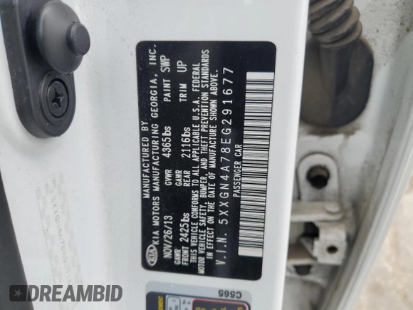 2014 Kia Optima EX with VIN 5XXGN4A78EG291677, listed as a Copart auction lot 50202165 with Not Provided miles and Salvage Title. Bid and sale history available at carsss.com. Image 14.