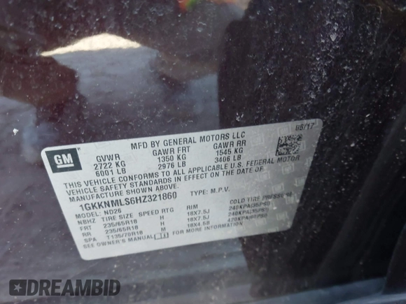 2017 GMC Acadia SLT with VIN 1GKKNMLS6HZ321860, listed as a IAAI auction lot 41679667 with 112,374 mi miles. Bid and sale history available at carsss.com. Image 9.