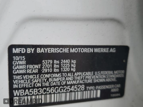 2016 BMW 5 Series 535i xDrive with VIN WBA5B3C56GG254528, listed as a Copart auction lot 56478005 with 141,550 mi miles and Salvage title. Bid and sale history available at DreamBid. Image 12.