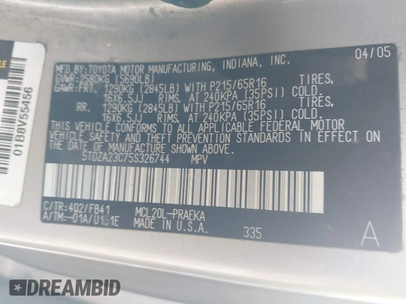 2005 Toyota Sienna CE с VIN 5TDZA23C75S326744, выставлен на аукционе IAAI как лот 42503968 с пробегом 374 463 миль миль и . История ставок и продаж доступна на DreamBid. Изображение 9.