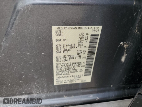 2020 Nissan Murano SV with VIN 5N1AZ2BS6LN105892, listed as a Copart auction lot 64652155 with Not provided miles and Non repairable. Bid and sale history available at DreamBid. Image 12.