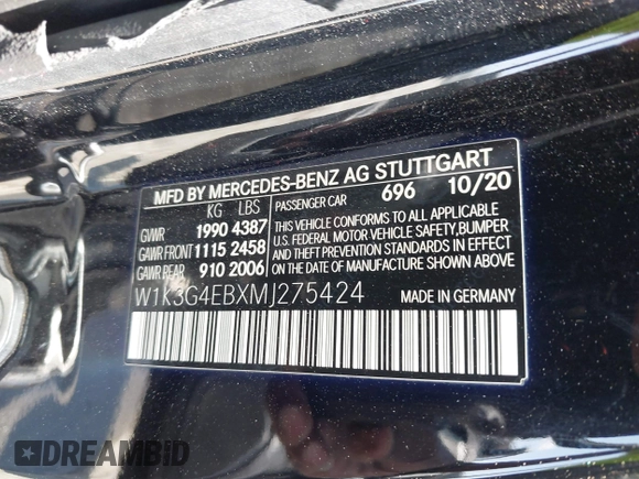 2021 Mercedes-Benz A 220 with VIN W1K3G4EBXMJ275424, listed as a IAAI auction lot 42575180 with 99,729 mi miles and . Bid and sale history available at DreamBid. Image 9.