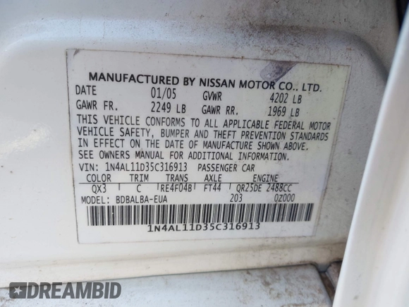 2005 Nissan Altima S z VIN 1N4AL11D35C316913, wystawiony jako IAAI lot #42304207 z przebiegiem 181 342 mil mil oraz . Historia ofert i sprzedaży dostępna na DreamBid. Obrazek 9.