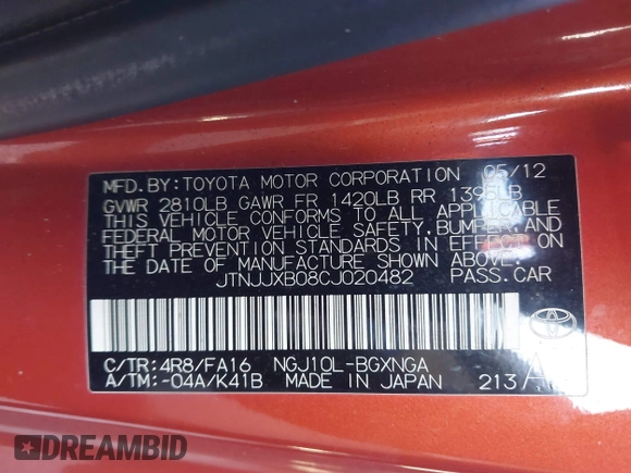 2012 Scion iQ z VIN JTNJJXB08CJ020482, wystawiony jako IAAI lot #41834604 z przebiegiem Nie podano mil oraz . Historia ofert i sprzedaży dostępna na DreamBid. Obrazek 9.