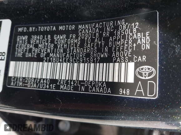 2012 Toyota Corolla L with VIN 2T1BU4EE9CC915917, listed as a IAAI auction lot 42017971 with 86,524 mi miles. Bid and sale history available at carsss.com. Image 9.