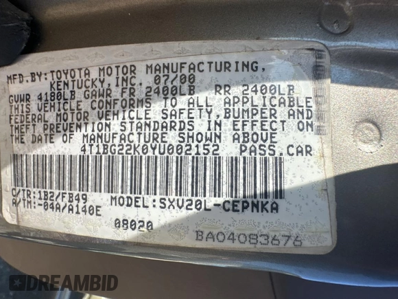 2000 Toyota Camry CE with VIN 4T1BG22K0YU002152, listed as a Copart auction lot 88989705 with 366,512 mi miles and Clean Title. Bid and sale history available at DreamBid. Image 10.