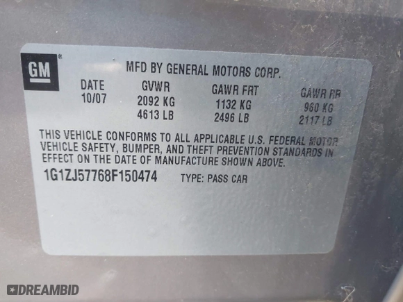 2008 Chevrolet Malibu LT w/2LT with VIN 1G1ZJ57768F150474, listed as a IAAI auction lot 41544918 with 108,519 mi miles. Bid and sale history available at carsss.com. Image 9.