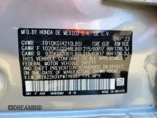 2023 Honda HR-V LX with VIN 3CZRZ2H3XPM746951, listed as a Copart auction lot 57582525 with 30,088 mi miles and Salvage title. Bid and sale history available at DreamBid. Image 12.
